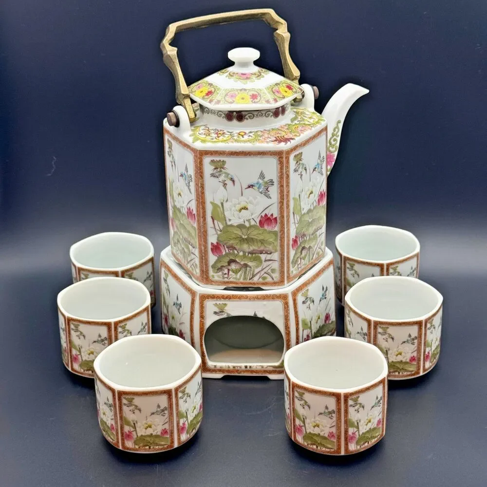 Toyo Ming Lotus Japan Porcelain Tea Warmer Set Teapot 6 Cups Hexagon Chinoiserie
